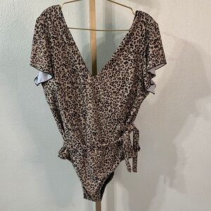 Leopard Print Flutter Sleeve one piece swimsuit- 2X